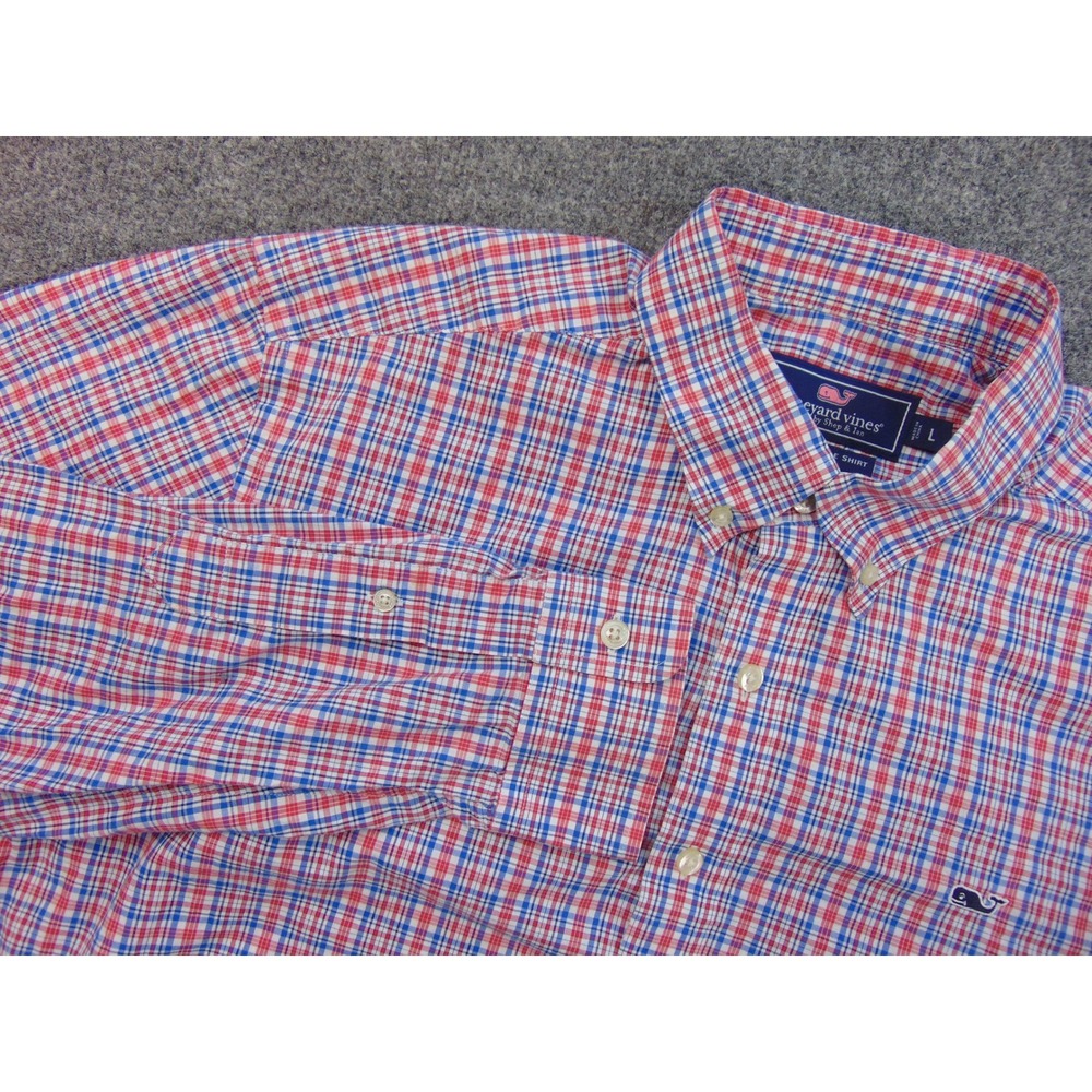 Vineyard Vines Shirt Mens Large Slim Fit Whale Red Blue Plaid Button Down